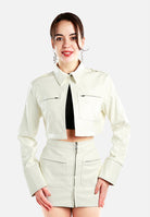 Women's London Rag International faux leather crop jacket in cream, stylish and fitted for modern fashion