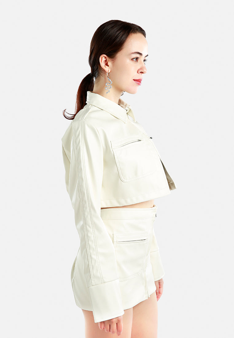 Stylish women's faux leather crop jacket in light cream, perfect for trendy outfits and layering