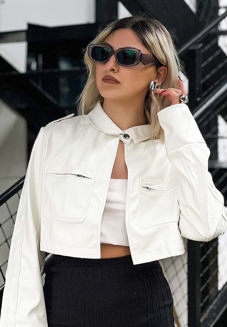 White faux leather crop jacket from London Rag International with stylish front pockets