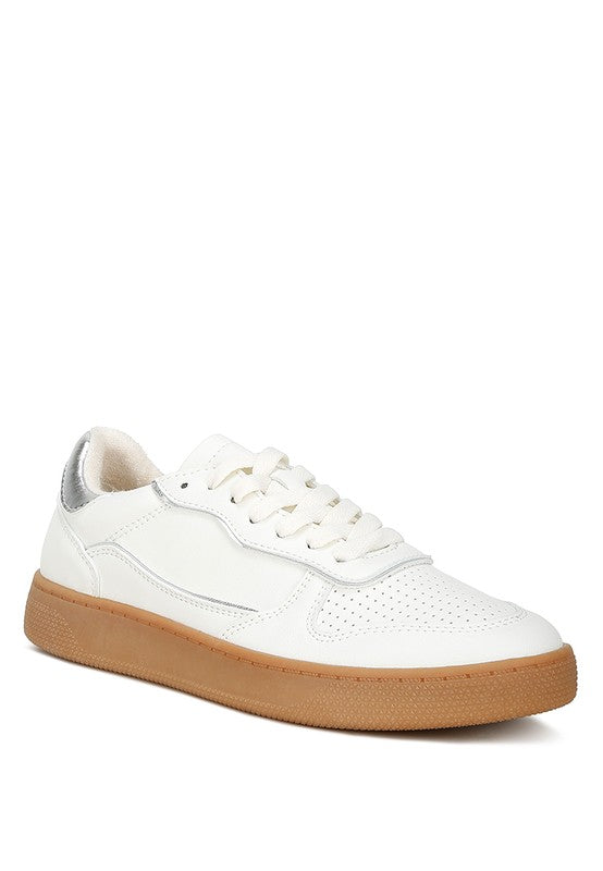 Women's faux leather everyday sneakers in white with gum sole