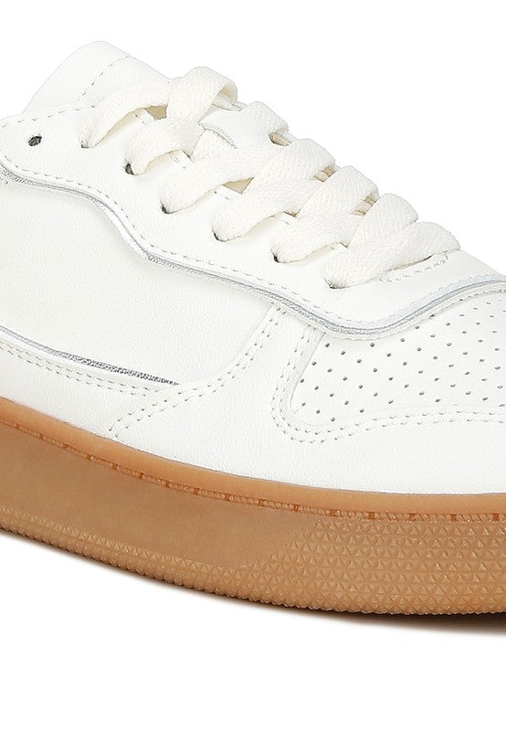 Women's white faux leather everyday sneakers with gum sole