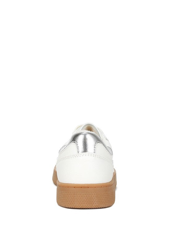 Women's faux leather everyday sneakers in white with silver accents