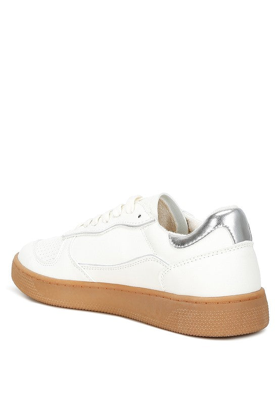 Women's white faux leather everyday sneakers with silver accents