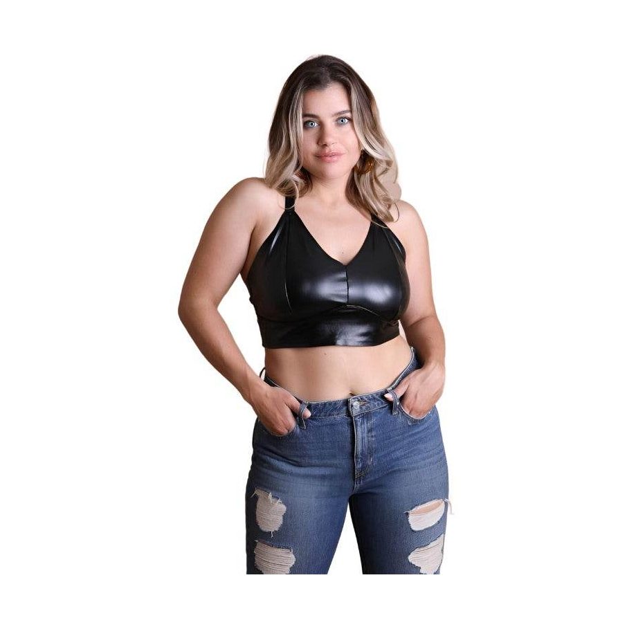 Faux Leather Longline Bralette Plus Size - VacationGrabs