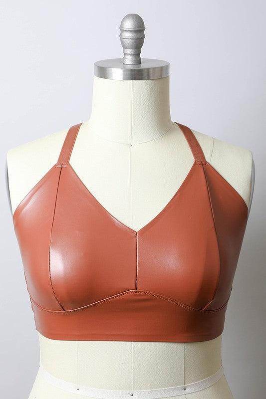 Faux Leather Longline Bralette Plus Size - VacationGrabs