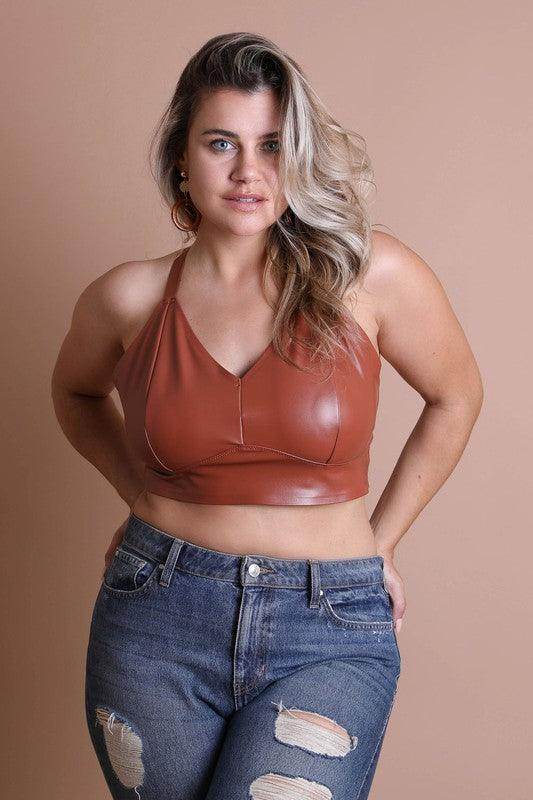 Faux Leather Longline Bralette Plus Size - VacationGrabs