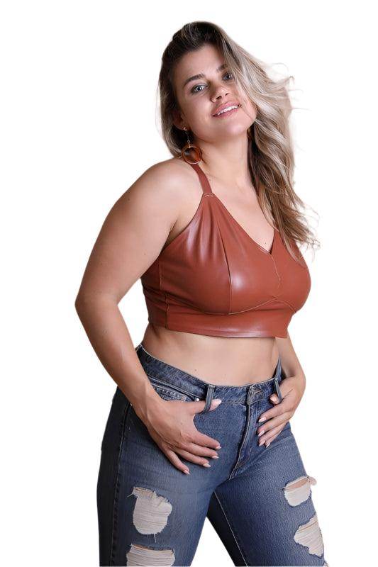 Faux Leather Longline Bralette Plus Size - VacationGrabs