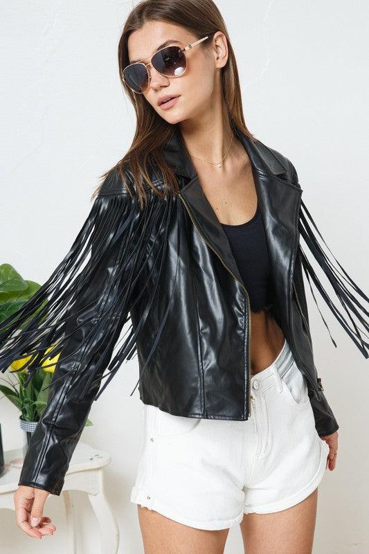 Women's Coats & Jackets Faux Leather Moto Fringe Jacket