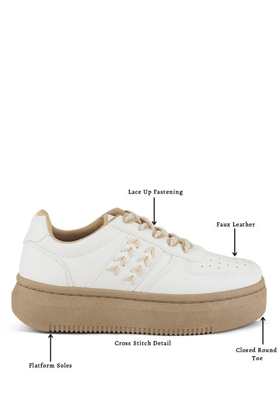 Women's faux leather pink sneakers, lace-up style with platform soles