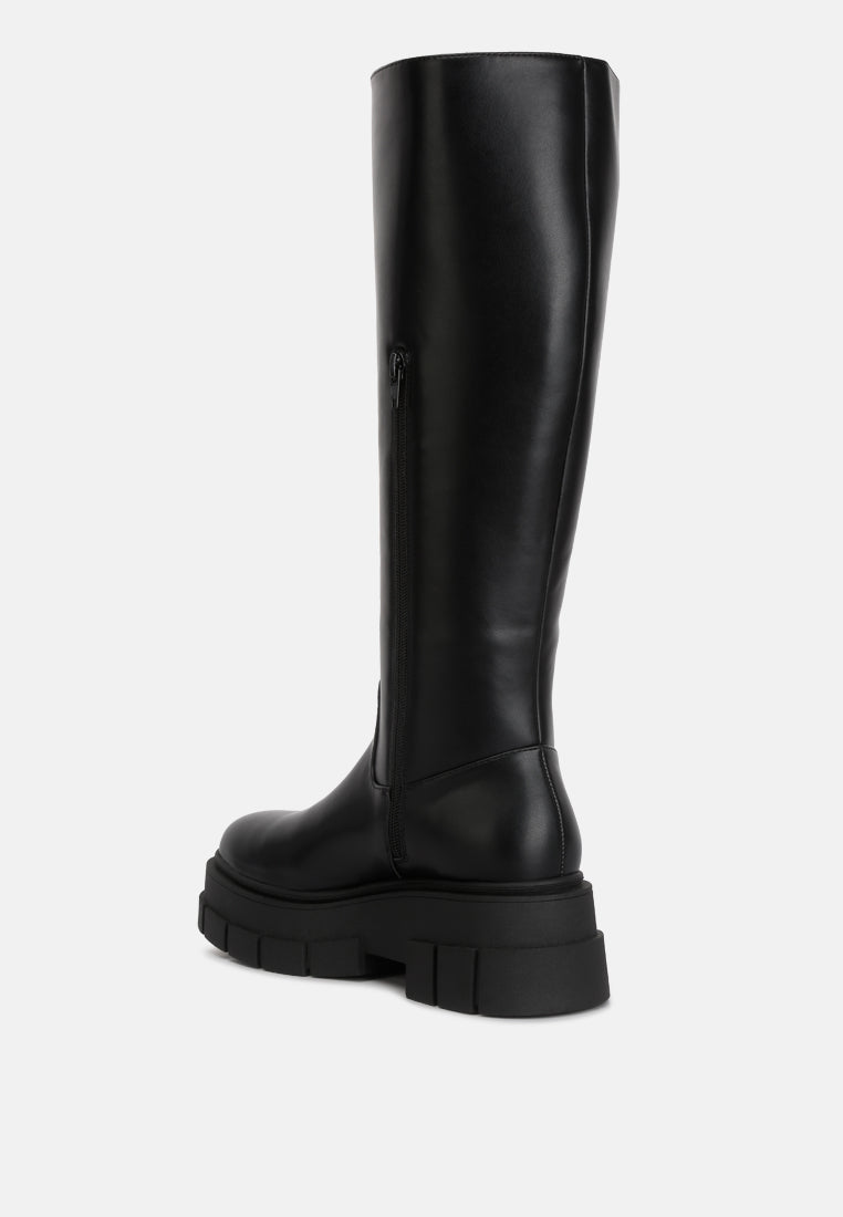 London Rag faux leather platform knee boots in black with a chunky sole and side zipper detail