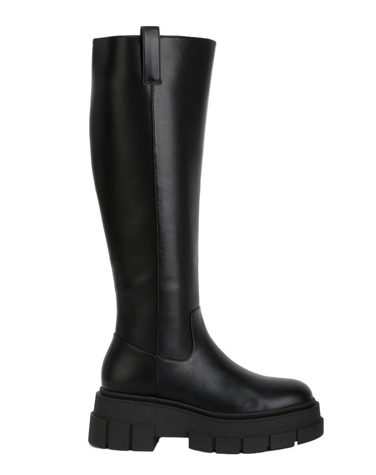 London Rag faux leather platform knee boots in black with chunky sole for stylish comfort