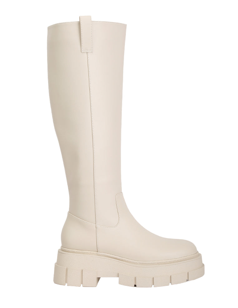 London Rag International faux leather platform knee boots in cream with chunky sole for stylish looks