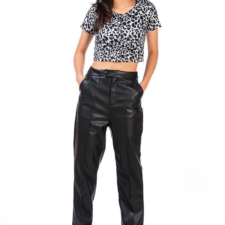 Women's Pants Faux Leather Pleated High Waist Trousers
