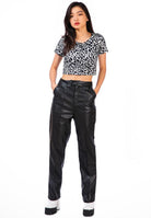Women's Pants Faux Leather Pleated High Waist Trousers