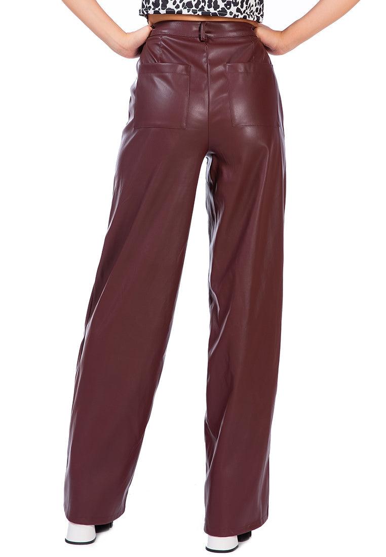 Women's Pants Faux Leather Seam Detail Wide Leg Trousers