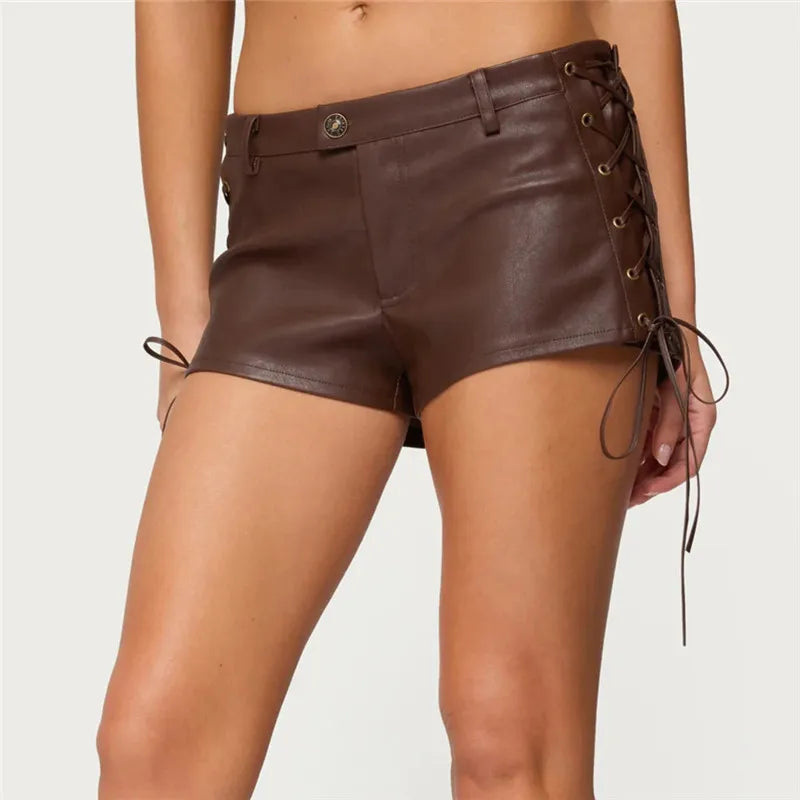 Brown faux leather short shorts with lace-up sides for trendy styling