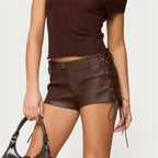 Brown faux leather short shorts with lace-up sides for stylish outfits