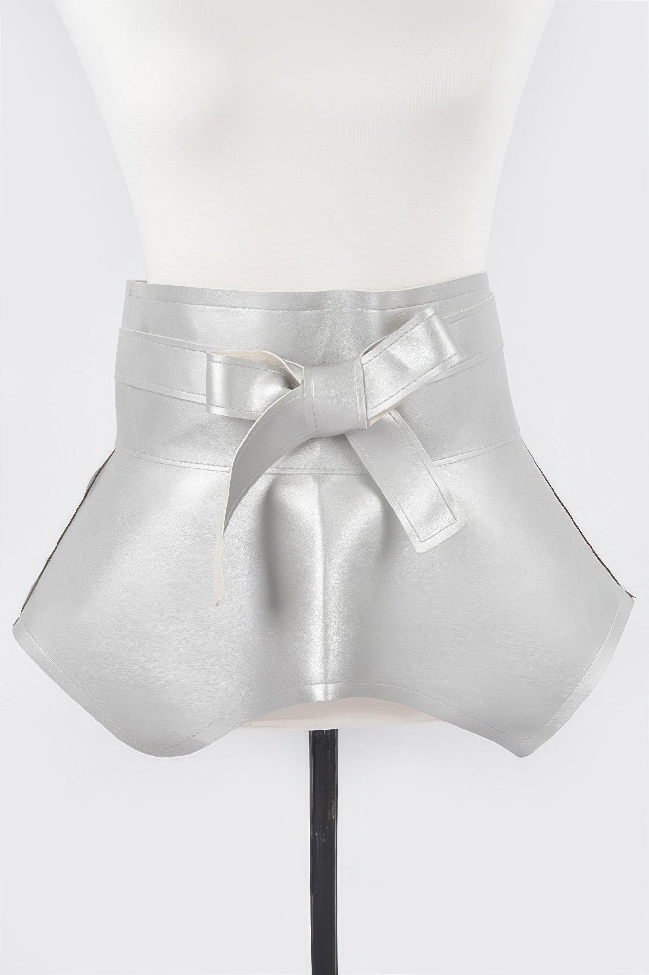 Shiny silver faux leather skirt belt with a stylish bow detail for women's accessories