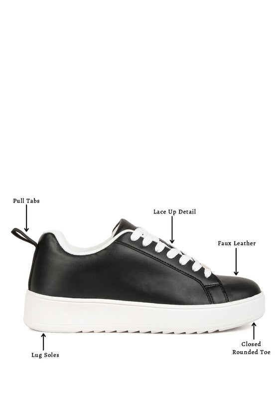 Women's faux leather white sneakers with lace-up detail and pull tabs
