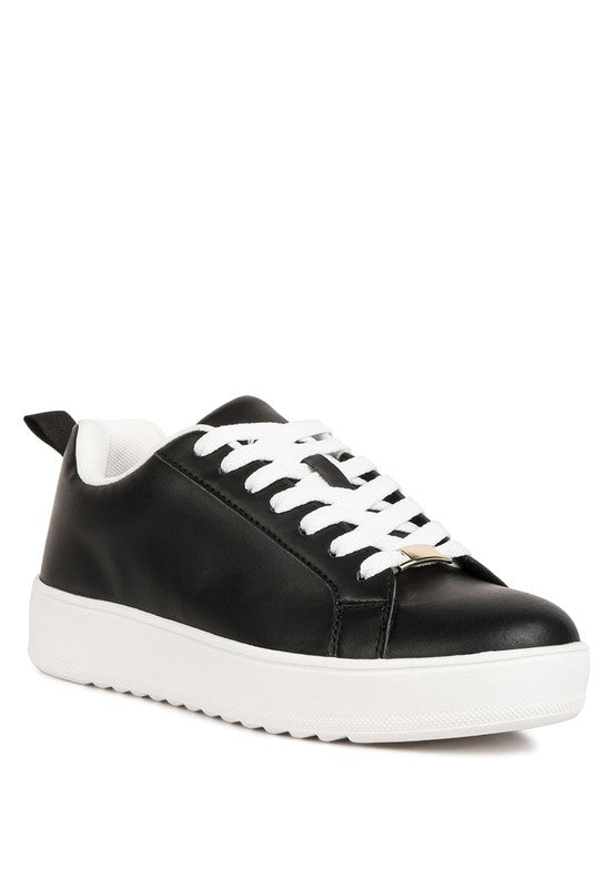 Women's black faux leather white sneakers for casual wear