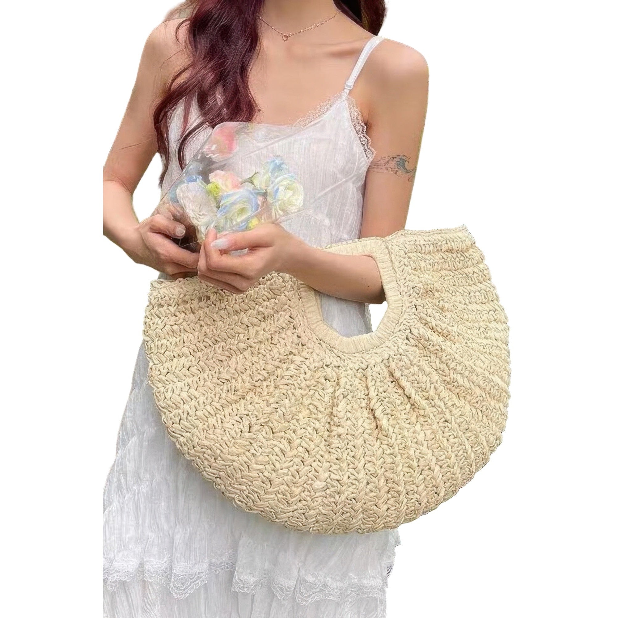 Faux straw handmade handle bag with a unique round design, perfect for summer outings