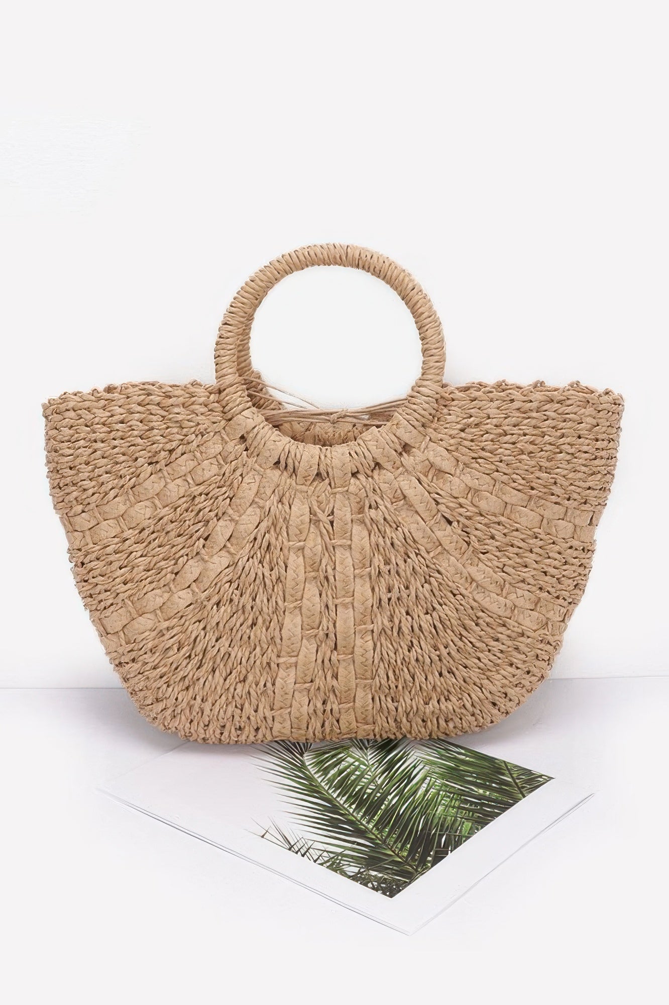 VacationGrabs faux straw tote bag with round handles, perfect for summer outings and beach trips