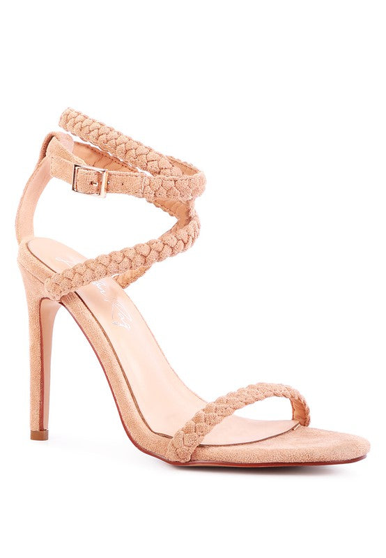 women's faux suede high heel sandals in nude with braided straps
