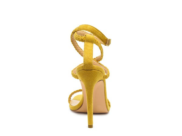 Yellow faux suede high heel sandals, stylish footwear for women