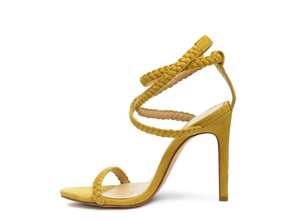Women's faux suede high heel sandals in mustard yellow for stylish occasions