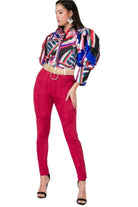 VacationGrabs faux suede skinny pants women in vibrant red styled with colorful blouse and black heels