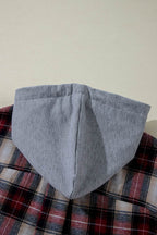 Red Plaid Print Chest Pocket Buttoned Hooded Shacket - VacationGrabs
