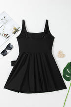 Solid Wrap Tie Waist Square Neck Swim Dress