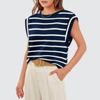 Striped Round Neck Cap Sleeve T-Shirt - VacationGrabs