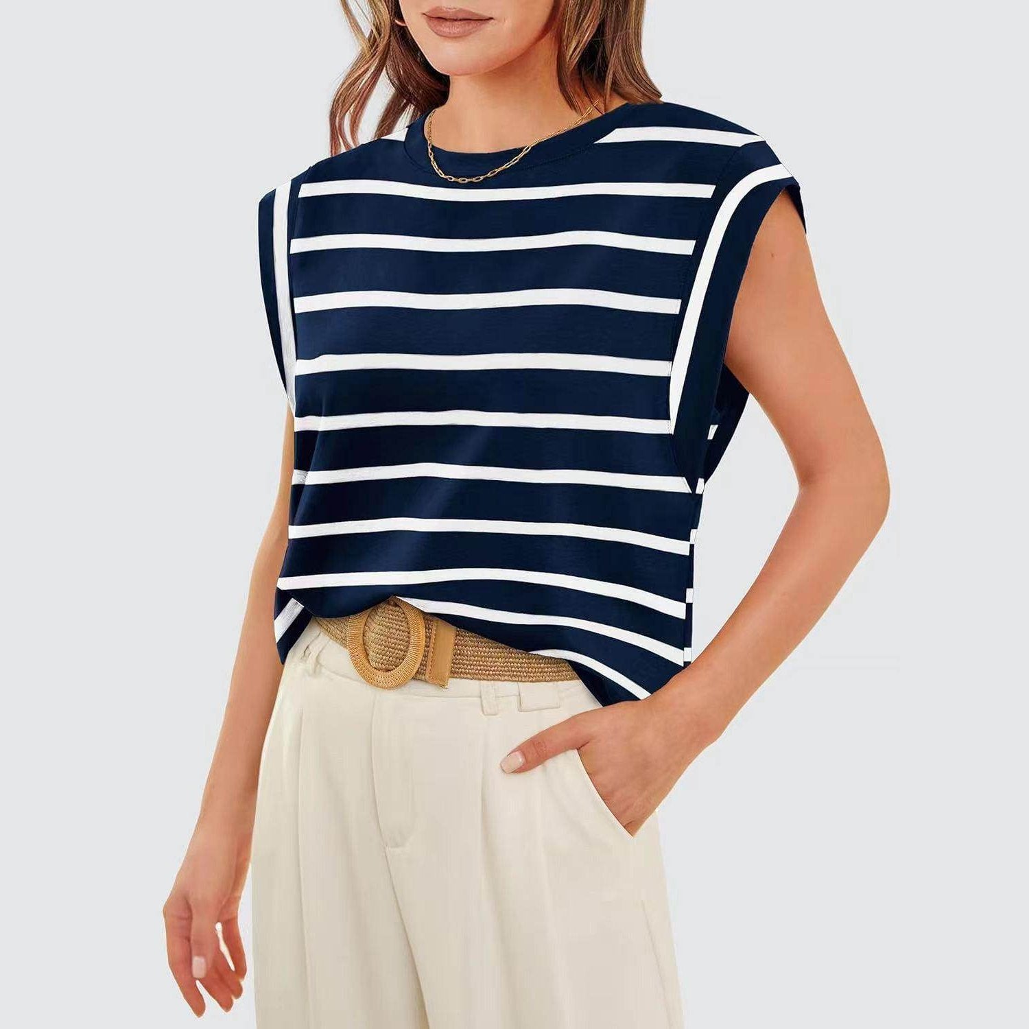 Striped Round Neck Cap Sleeve T-Shirt - VacationGrabs