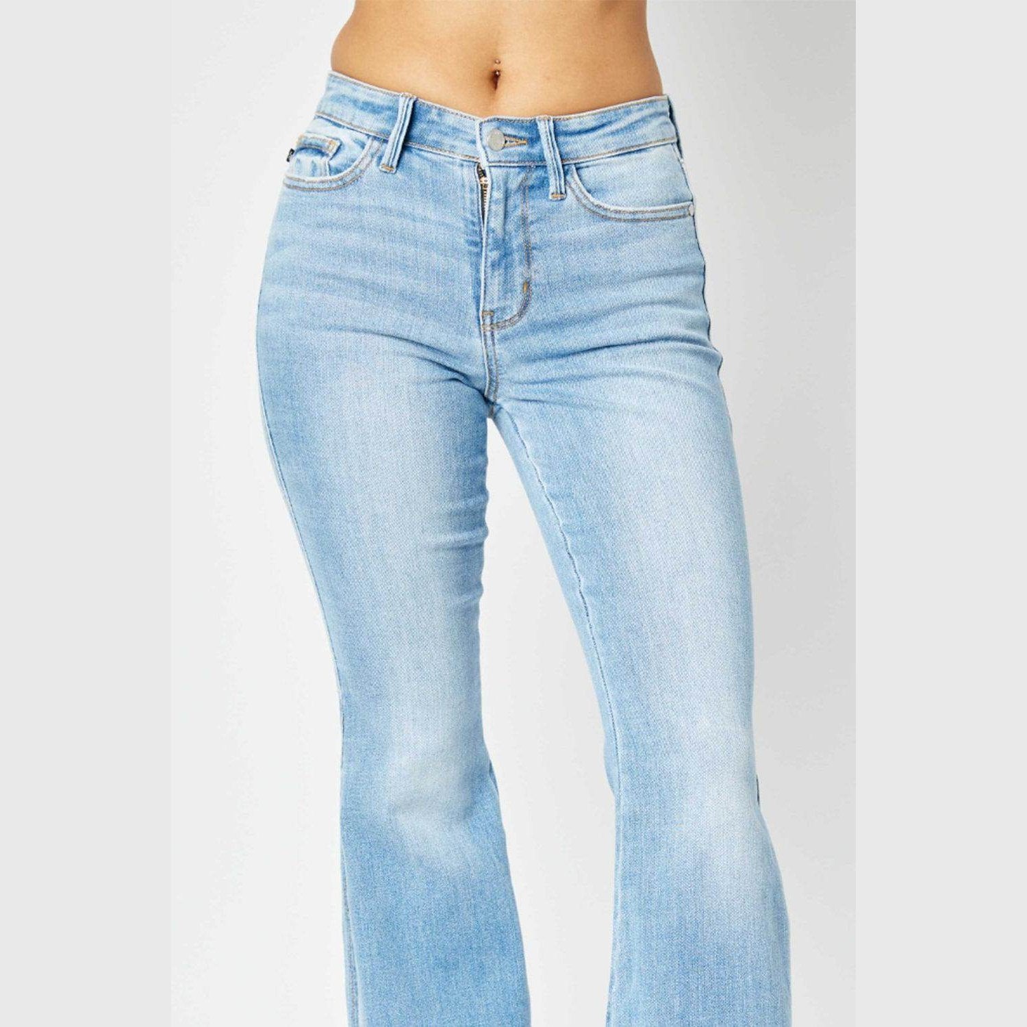 Judy Blue Full Size Mid Rise Raw Hem Slit Flare Jeans - VacationGrabs