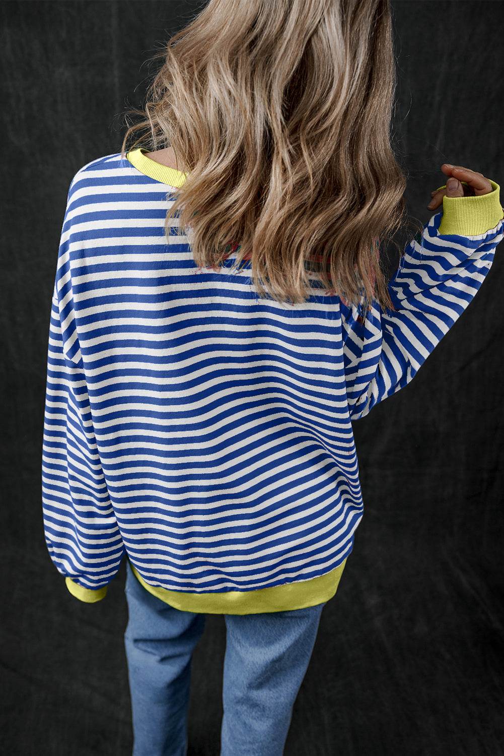 Blue Stripe Oversized Contrast Trim Pullover Sweatshirt - VacationGrabs