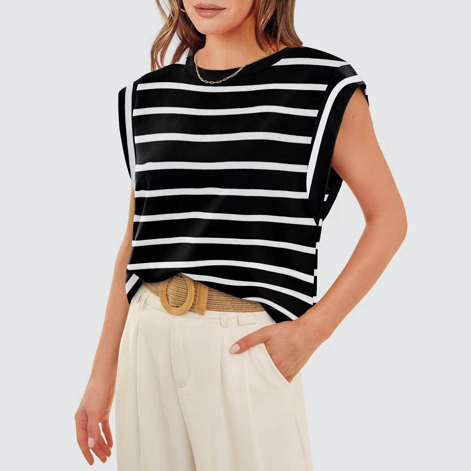 Striped Round Neck Cap Sleeve T-Shirt - VacationGrabs