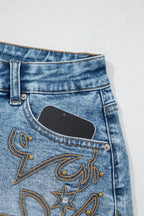 Western Embroidered Studded Denim Shorts