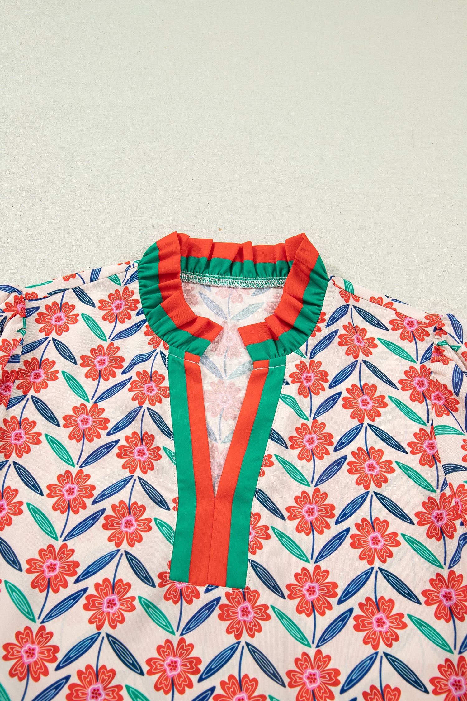 Floral Stripe Detail V-Neck Ruffle Sleeve Blouse