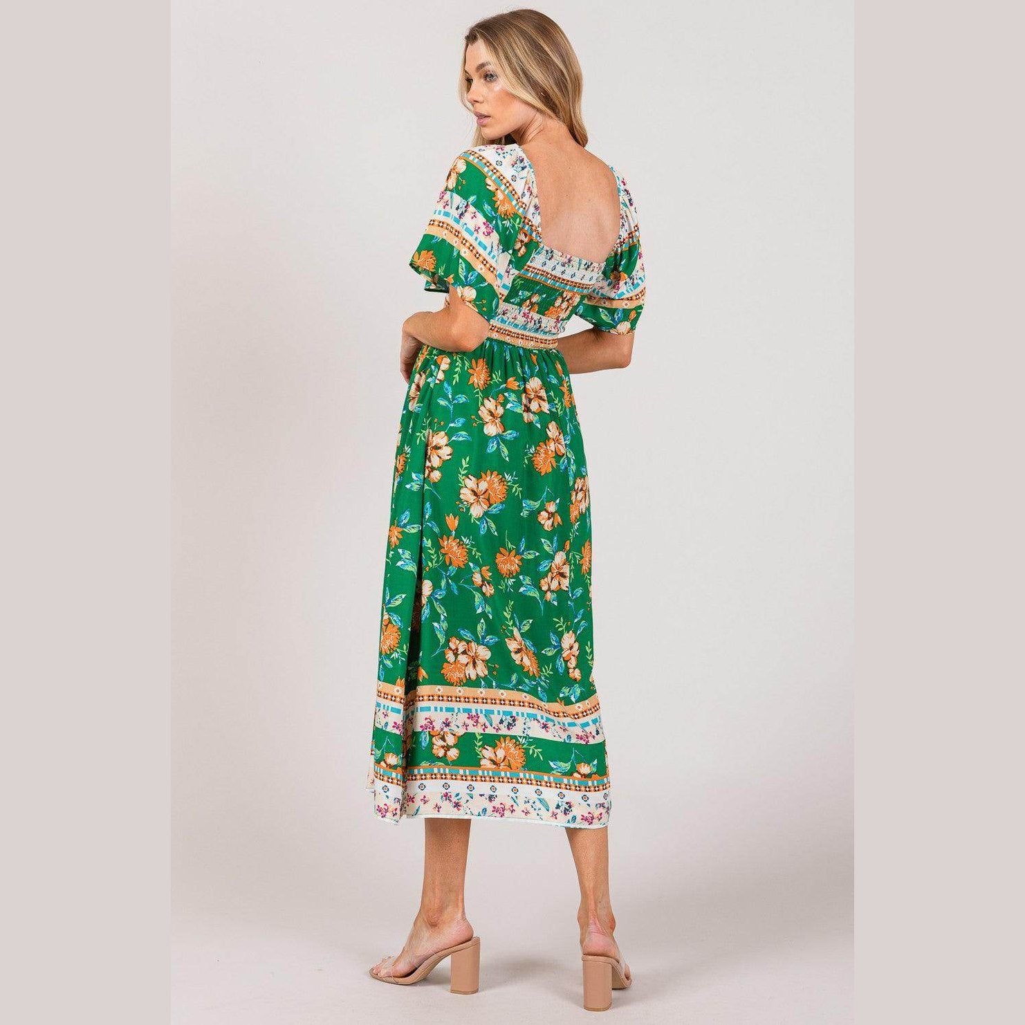 SAGE + FIG Printed Smocked Short Sleeve Midi Dress - VacationGrabs