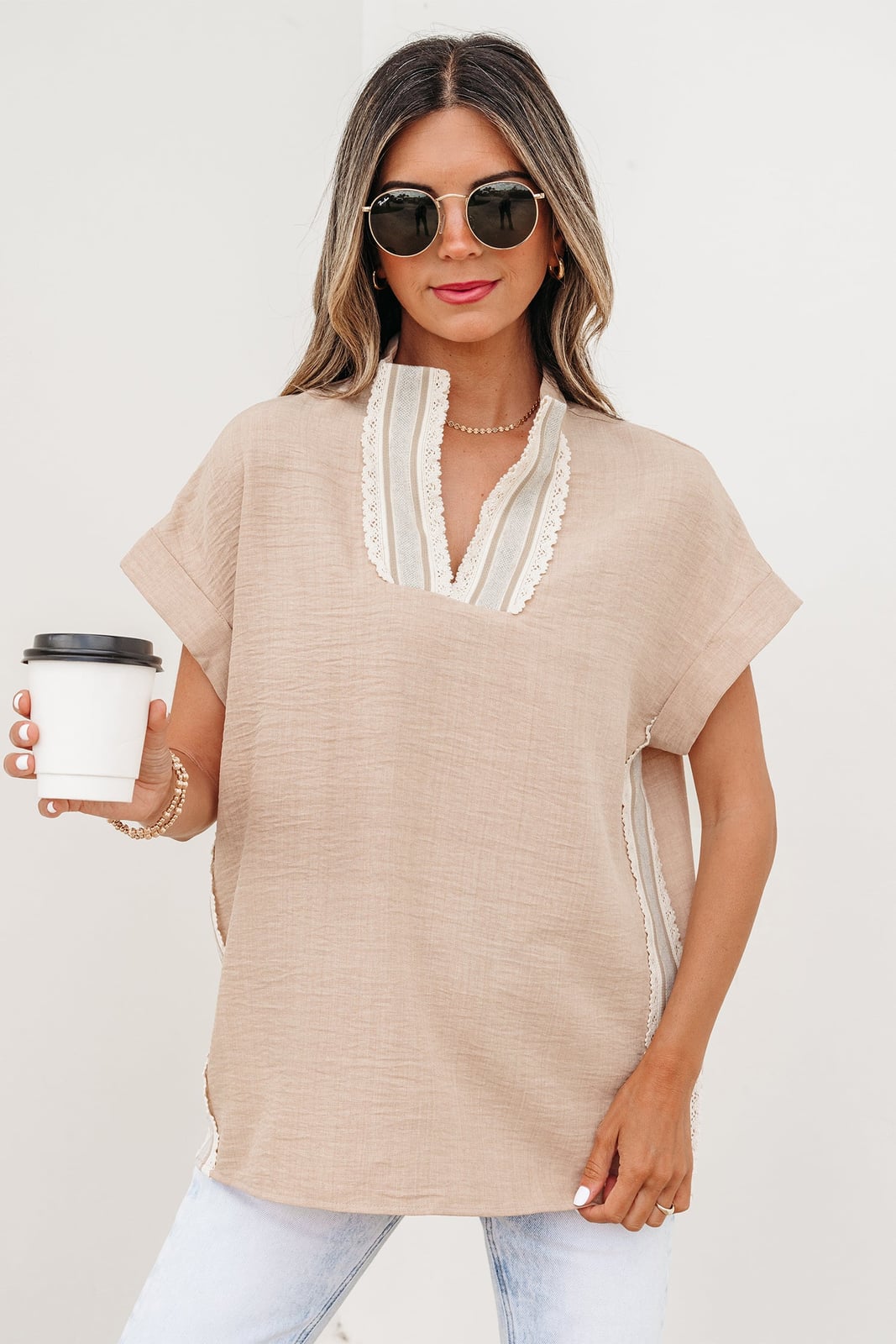 Crochet Lace Trim Rolled Short Sleeve Blouse
