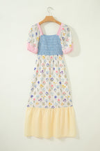 Floral Stripe Colorblock Square Neck Shirred Dress