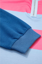 Blue Stripe Colorblock Patchwork Zip up Plus Size Pullover
