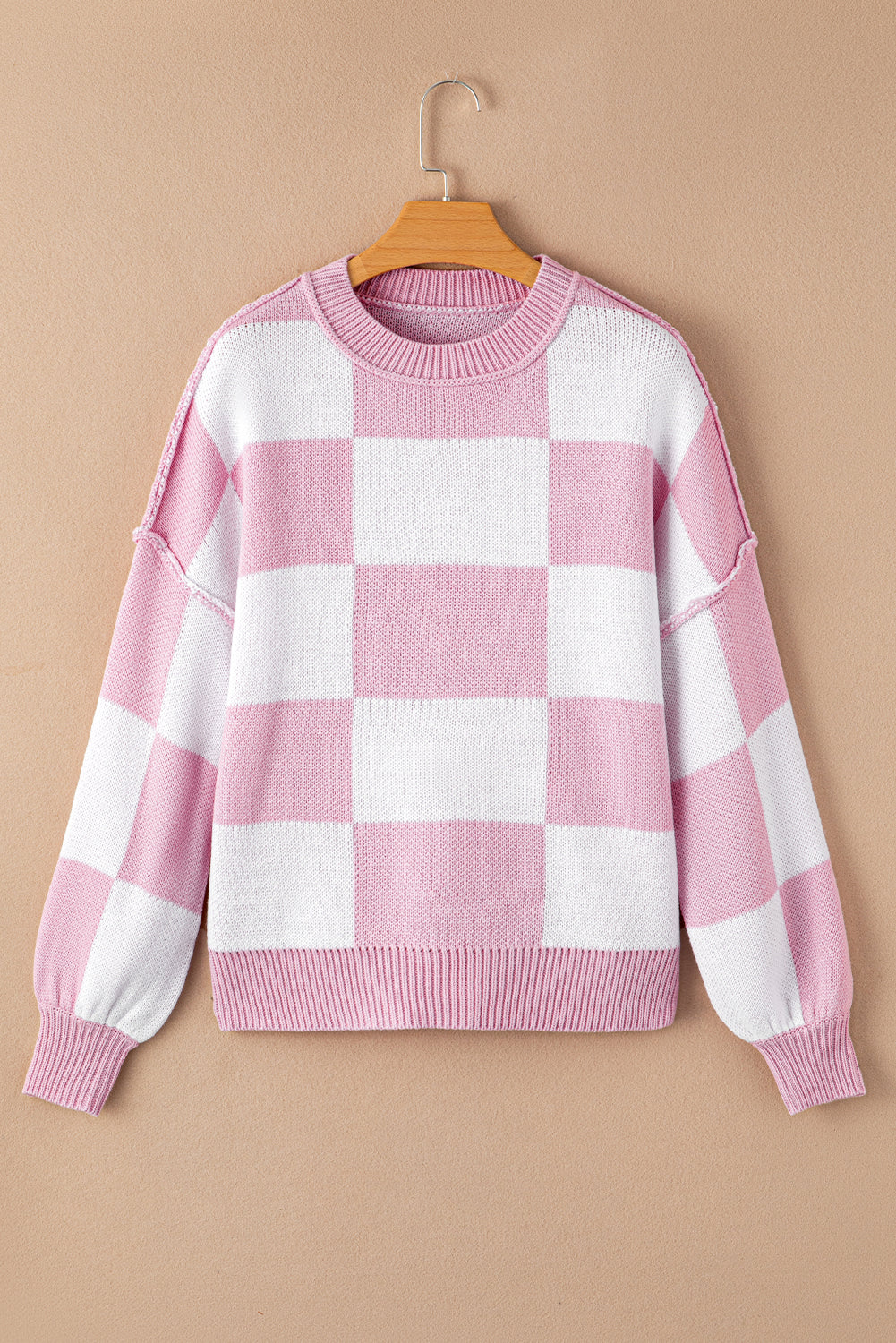 Women's SweatersPink Checkered Bishop Sleeve Sweater - VacationGrabs