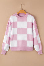 Pink Checkered Bishop Sleeve Sweater - VacationGrabs