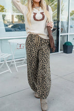 Leopard Denim Drawstring Elastic Waist Loose Pants