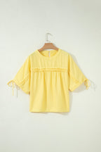 Solid Pleated Tie Sleeve Babydoll Blouse