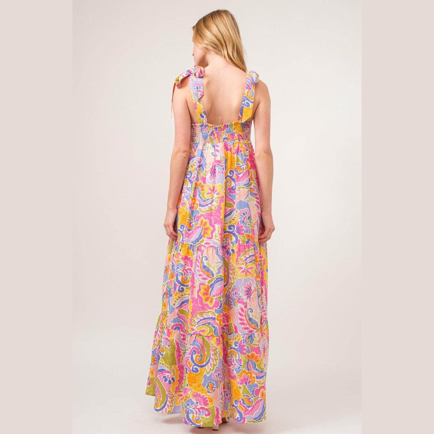 And The Why Full Size Printed Tie Shoulder Tiered Maxi - VacationGrabs