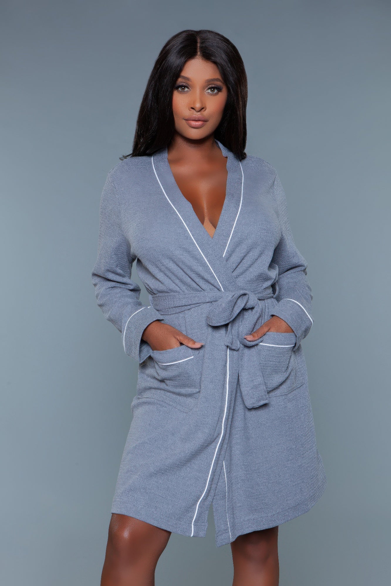 Women's grey bathrobe, soft material, perfect for lounging at home