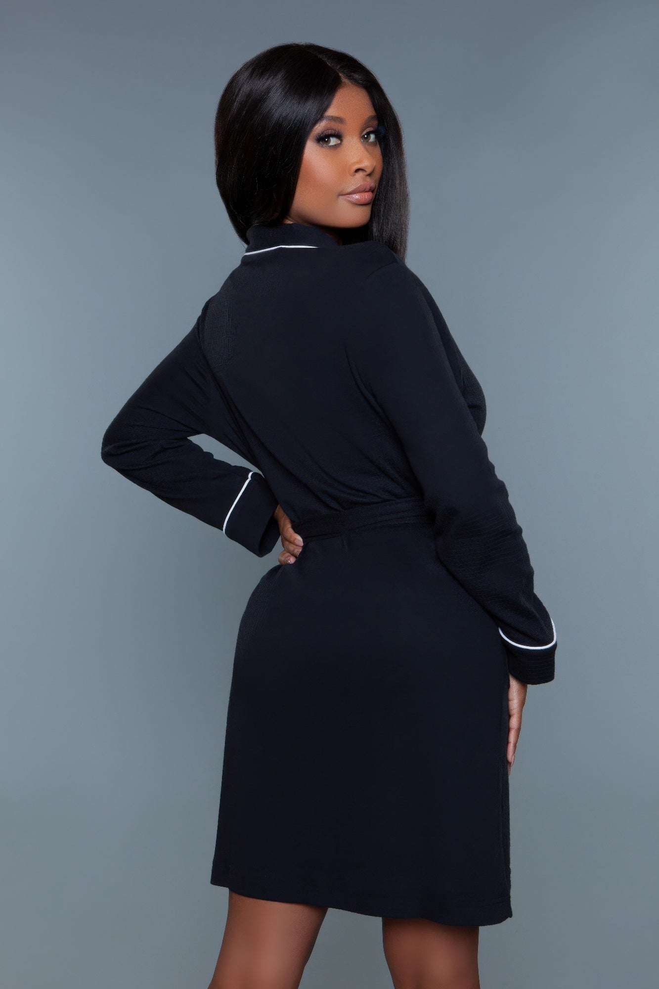 Women's navy female bathrobe in soft fabric, perfect for lounging